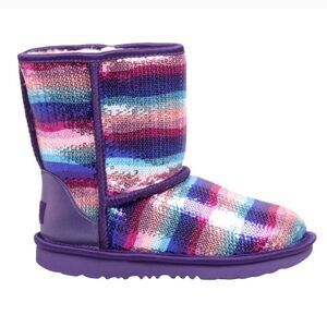 UGG Girl Boots Classic II Sequin Wool lining Rainbow purple pink EUC size 3